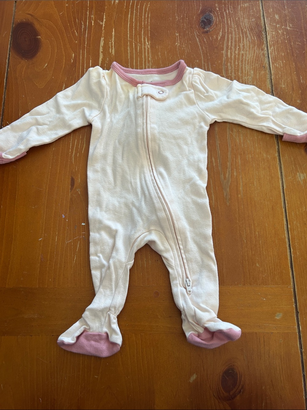 cloud island Cream One-Piece Footed Pajamas with Pink Trim